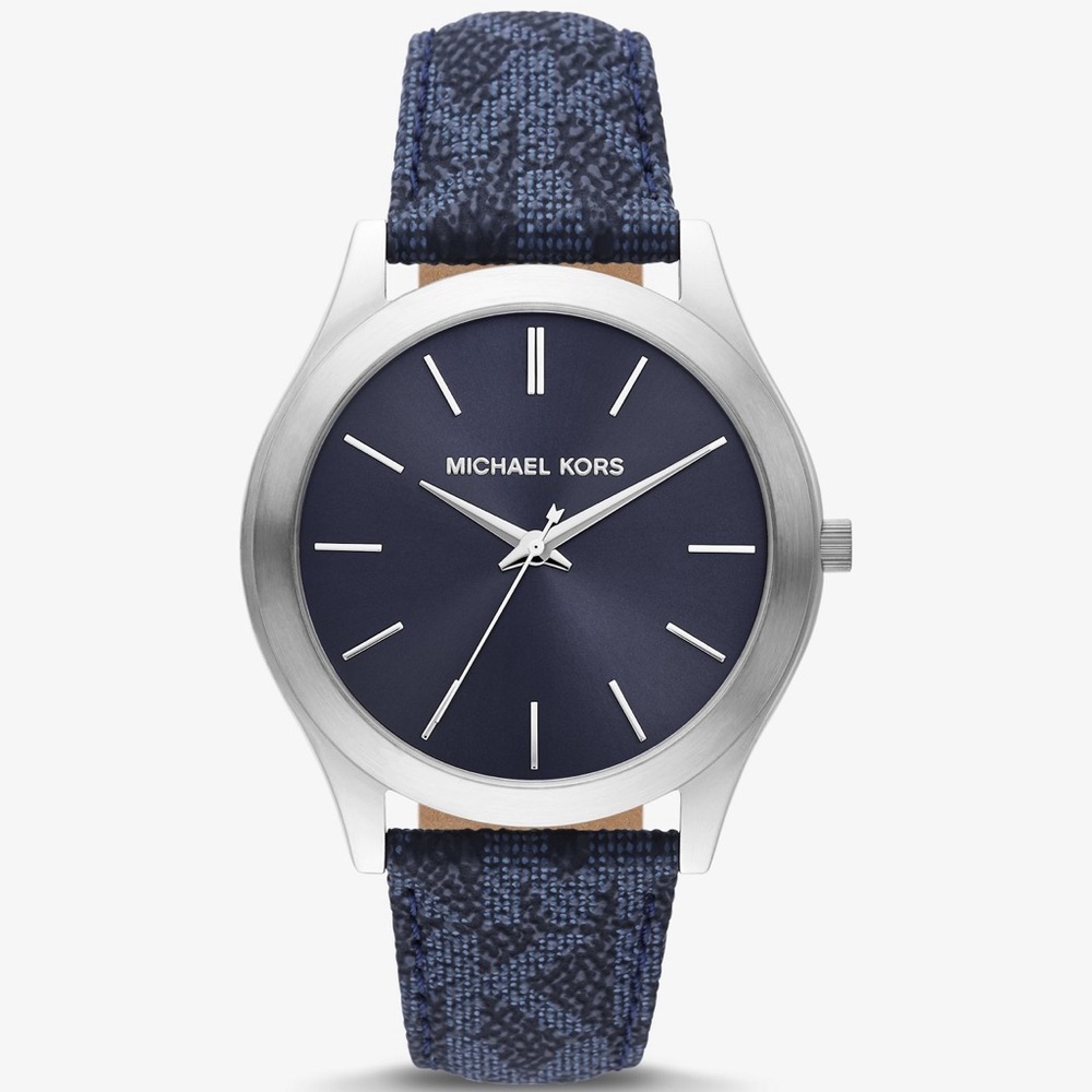 Michael Kors Oversized Slim Runway Blue Logo and Silver Watch MK8907